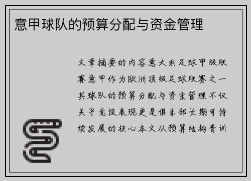 意甲球队的预算分配与资金管理