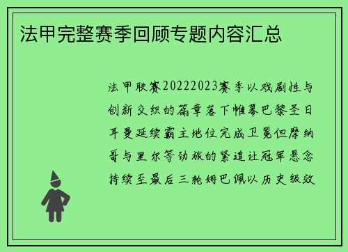 法甲完整赛季回顾专题内容汇总